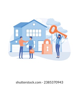 Real estate business concept. Buying a house, house keys, protection and security, real estate and turnkey rental,flat vector modern illustration 