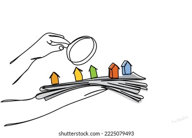 Real estate business concept. Hands scanning newspaper reports and updates about property. Houses and assets valuation trends. Finances and marketing strategies. Continuous line art vector. Property.