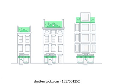 Real estate business concept with houses, city constructor kit - townhouses with different sizes. Flat outline vector illustration on white.