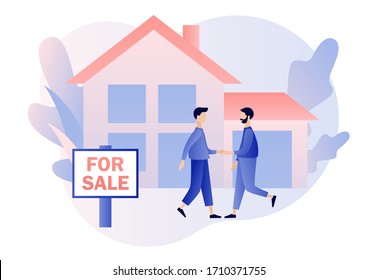 Real estate business concept with houses. House for sale. Tiny real estate agent or broker shaking hands with people buying house. Modern flat cartoon style. Vector illustration on white background