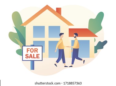 Real estate business concept with houses. House for sale. Tiny real estate agent or broker shaking hands with people buying house. Modern flat cartoon style. Vector illustration on white background