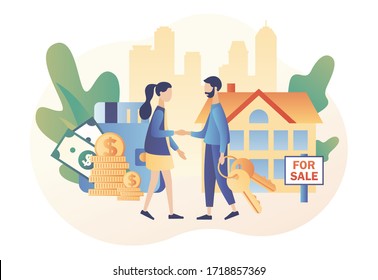 Real estate business concept with houses. House for sale. Tiny real estate agent or broker shaking hands with people buying house. Modern flat cartoon style. Vector illustration on white background