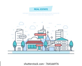 Real estate business concept with houses. Working, real estate contract deals. Business and commercial property investment. Buying, selling houses. Illustration thin line design of vector doodles.