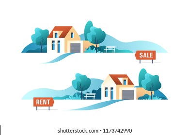 Real estate business concept with suburban houses. Vector illustration.