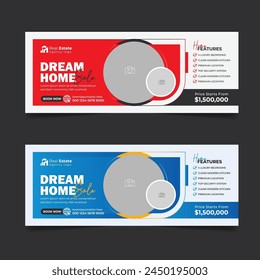 Real estate business cover design, House property sale advertising social media banner, Multipurpose horizontal ads template.