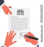 Real estate business document. One hand is keeping a document, and another hand is keeping a pen. House icon above the text. Signing of contract. Real estate business and realty insurance