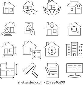 Real estate business editable stroke outline icons set on white background flat vector illustration