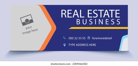 Real Estate Business facebook cover page timeline web ad banner template with photo place modern and minimal layout Dark Blue and Orage theme design