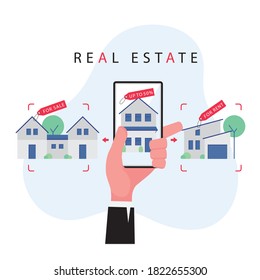 Real estate business feature hand holding mobile phone to search a property or house for sale