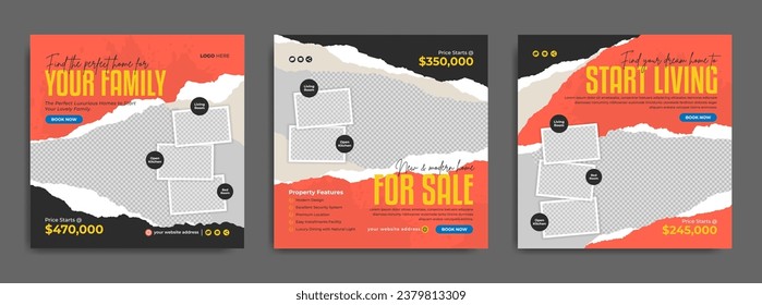 Real estate business or house architecture service promotion social media post or web banner template. Home interior or luxury apartment sale marketing flyer with torn paper and paint brush stroke.