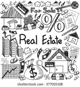 Real estate business industry and investment handwriting doodle sign and symbol in white isolated background paper used for education subject presentation or introduction with text, create by vector 
