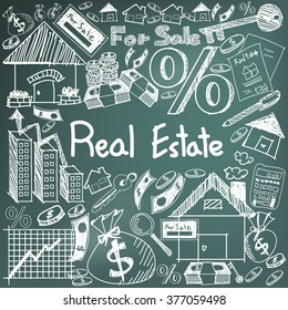 Real estate business industry and investment chalk handwriting doodle sign and symbol in black board background used for education subject presentation or introduction with sample text  (vector)