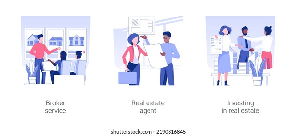 Real estate business isolated concept vector illustration set. Broker service, real estate agent, investing in property assets, business people signing contract, property listing vector cartoon.