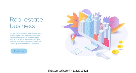 Real estate business isometric vector illustration. House searching app concept. Online buying, renting, selling property website layout.