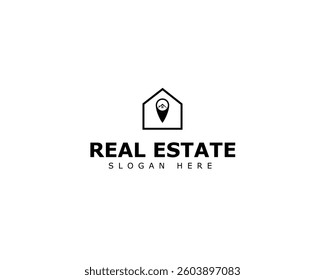 Real estate business logo, house logo with pin icon, vector illustration logo design, building, construction, roof, estate, contractor, apartment, realtor, property, commercial, 