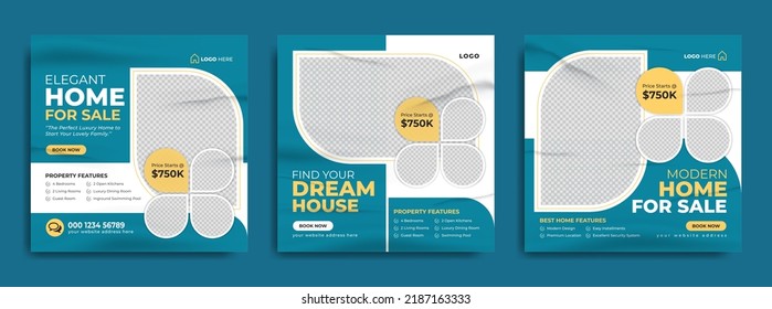 Real estate business marketing social media post or modern home sale web banner template. Luxury house or property rent online advertising flyer. Square poster with abstract geometric background.