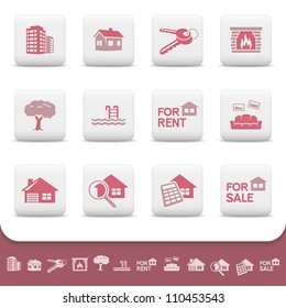 Real estate business. Professional vector icons buttons set. Home, house, sale, rent, cottage, building, skyscraper, keys, fireplace, pool, sofa, apartments, garage, tree, magnify, calculator symbols