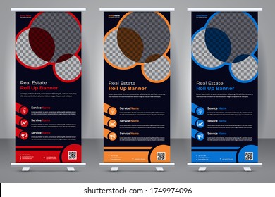 Real estate business Roll up stand banner template design with three color variation. Standee Design, Brochure Flyer, Annual Report, Background, Magazine, Poster, Vector, Flag Banner Design.