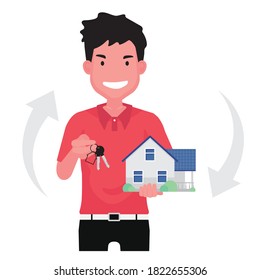 Real estate business showing a realtor sell the house feature a man standing and holding a house with key
