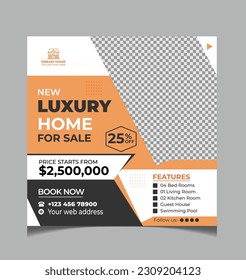 Real estate business social media marketing template with property details section. Modern home selling web banner design for marketing and advertisement.