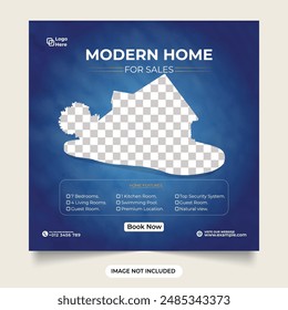 Real estate business social media post and marketing template with dark blue color. Modern home for selling web banner design for advertisement. House property sale promotional poster design.