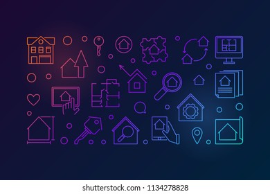 Real Estate business vector colored horizontal illustration in thin line style on dark background