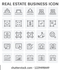 Real estate business vector icon. Include house, residential building. Land plot, land lot, map, boundary, pin, location and area for navigation. Tract of land for owned, sale, rent, buy, development.