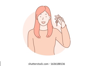 Real estate, buy, apartment concept. Young smiling woman buys house and shows key from her new apartment. Happy real estate agent is presenting door keys from accommodation. Simple flat vector.