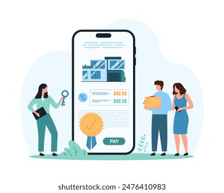 Real estate buy or rent in mobile app, property inspection. Tiny man and woman choose house with quality mark online on phone screen, agent giving key to family people cartoon vector illustration