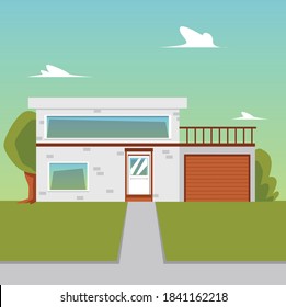 Real estate for buy, sale or rent. Modern suburban cozy house with garage and garden. Vector cartoon flat illustration