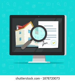 Real estate buying agreement digital online audit review vector, home inspection documents vector, house building architecture examine, quality of property apartment, construction assessment 
