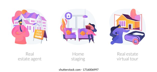 Real Estate Buying Experience Abstract Concept Vector Illustration Set. Real Estate Agent, Home Staging, Real Estate Virtual Tour, Sale Preparation, Listing Video Walk-through Abstract Metaphor.