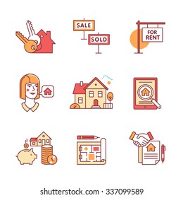 Real estate buying, selling and renting signs set. Thin line art icons. Flat style illustrations isolated on white.