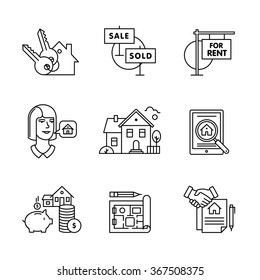 Real estate buying, selling and renting signs set. Thin line art icons. Linear style illustrations isolated on white.