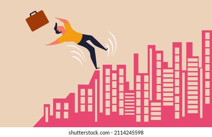 El gráfico inmobiliario se reduce y el hombre cae a la hipoteca. El concepto de "dinero para pérdidas de alquiler" y "el concepto de vectores de préstamos inmobiliarios". El precio de mercado de la vivienda es menor y la inversión inmobiliaria negativa. Seguro de propietario 