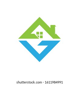 Real estate with check mark vector logo. Home vector logo template for real estate company. Illustration of roof. Design element. Creative idea