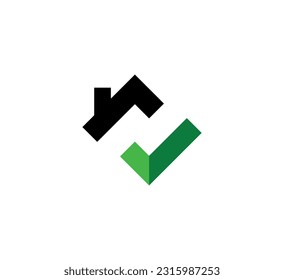 Inmobiliaria con marca de verificación logotipo vectorial. Hogar con ventana y chimenea en el techo, casa con marca o símbolo de marca de verificación - iconos de la realidad.