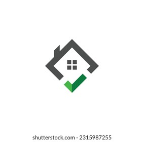 Real estate with check mark vector logo. Home with window and chimney on the roof, house with tick or checkmark symbol - realty icons.