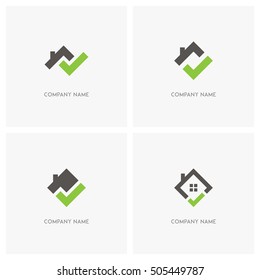 Real estate with check mark vector logo. Home with window and chimney on the roof, house with tick or checkmark symbol - realty icons.