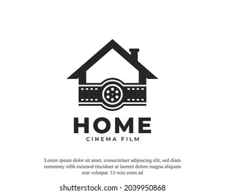 Real Estate Cinema Icon. Logo Combination of House and Film Stripes for Movie Production Design Template Element