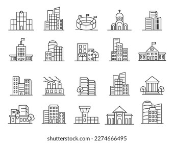 Real estate, city buildings icons. School and bank, home palace, skyscraper, hospital and airport. Outline town landscape silhouettes. Urban street. Vector recent stroke icons