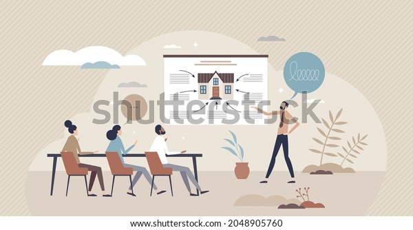 Real estate classes and learning about\
property sales tiny person concept. Educational informative courses\
about salesman performance in apartment, housing and rental\
industry vector\
illustration.