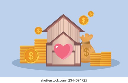 Real estate and coin stack. money saving to loan house, property concept of financial, money investment. Stack of coins and a tiny house bank.on blue background.Vector Design Illustration.