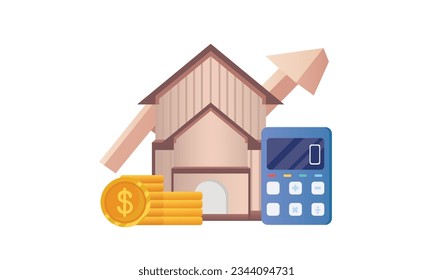 Inmobiliaria y pila de monedas. ahorro de dinero a préstamos de vivienda, concepto de propiedad de inversión financiera, inversión de dinero.sobre fondo blanco.Ilustración de diseño de vectores.