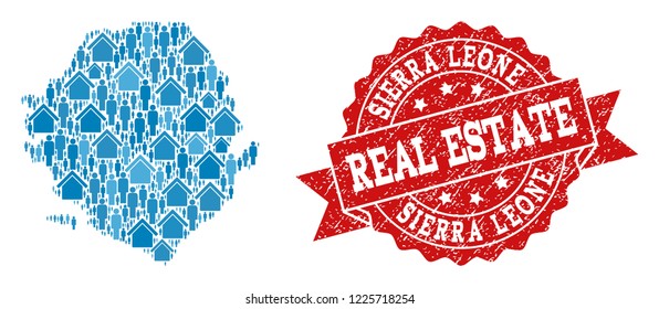 Real Estate collage of blue mosaic map of Sierra Leone and scratched seal. Vector red seal with distress rubber texture. Mosaic map of Sierra Leone constructed with buildings and people.