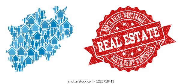 Real Estate collage of blue mosaic map of North Rhine-Westphalia State and unclean seal stamp. Vector red seal with distress rubber texture.