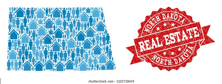 Real Estate collage of blue mosaic map of North Dakota State and unclean seal. Vector red seal with unclean rubber texture. Mosaic map of North Dakota State designed with houses and persons.