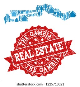 Real Estate collage of blue mosaic map of the Gambia and rubber stamp. Vector red watermark with corroded rubber texture. Mosaic map of the Gambia designed with houses and people.