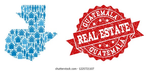 Real Estate collage of blue mosaic map of Guatemala and unclean seal stamp. Vector red seal with scratched rubber texture. Mosaic map of Guatemala constructed with houses and persons.