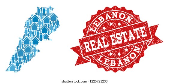 Real Estate collage of blue mosaic map of Lebanon and grunge seal. Vector red imprint with corroded rubber texture. Mosaic map of Lebanon designed with homes and persons.